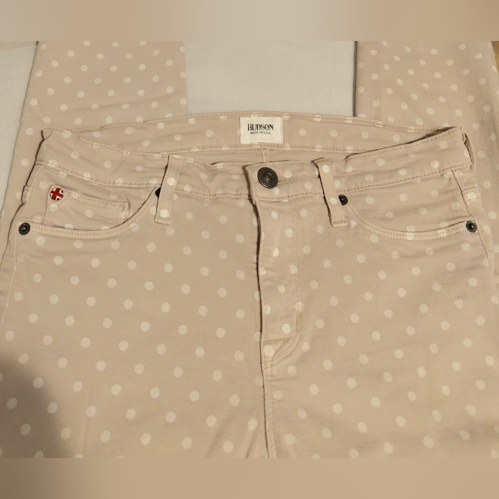 Hudson 29 Nico Midrise SPR Skinny Beige with White Polka Dots EUC